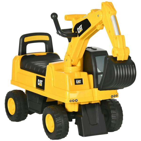 Yellow CAT ride-on digger toy with black wheels, black seat, and front shovel