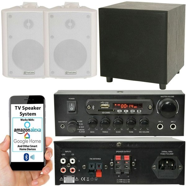 PREMIUM TV Sound System White Wall Speakers 200W Subwoofer & Bluetooth Amp Kit