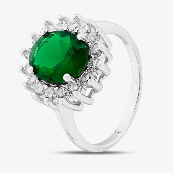 T. H. Baker Sterling Silver Oval & Brilliant Cut Green Cubic Zirconia Halo Ring S2160