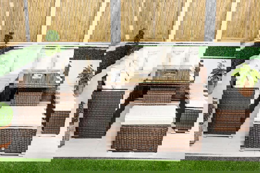 Giardino Santorini 5 Seat Modular Corner Sofa Rattan Garden Furniture Set Outdoor Adjustable Drinks Cooler Coffee Table & 2 Benches