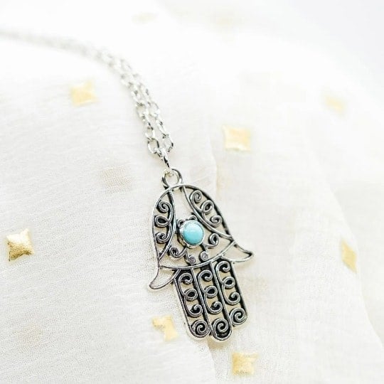 The Colourful Aura Hamsa Hand of Fatima Gold and Silver Protection Pendant Necklace