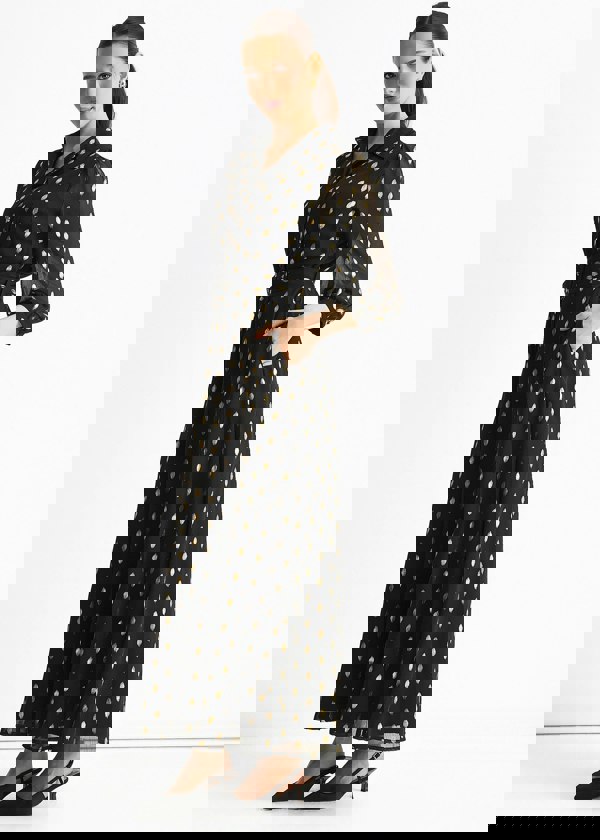 Gini London Black Chiffon Foil Belted Maxi Shirt Dress