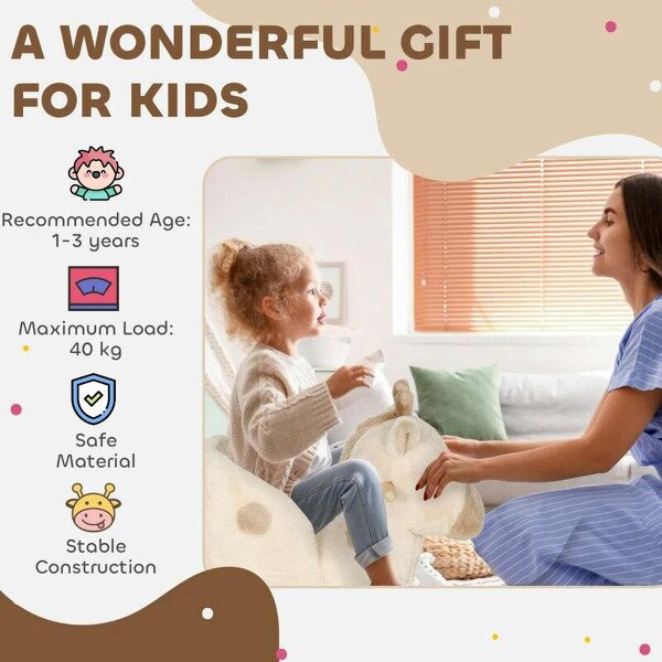 Rocking Horse, Stable Plush Ride on Horse Giraffe Design with Music, Security Belt, Baby Toy Rocker for 1-3 Years, Beige