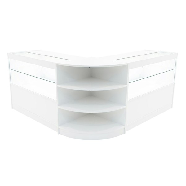 White Andromeda LED shop counter set featuring a sleek, modern design with glass display sections and curved edges for stylish retail presentation