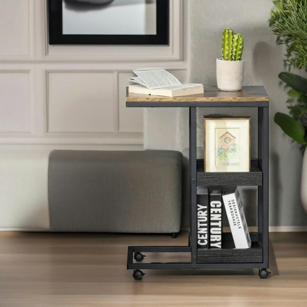 Rafaelo Mobilia Industrial C Shaped Side Table 3-Tier With Wheels