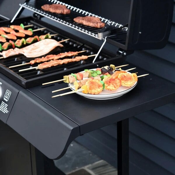Bobobiy 4+1 Burner Gas BBQ Grill, Outdoor Barbecue Trolley with Wheels, Warming Rack, Side Shelves, Thermometer, 125 L x 51 W x 100 H cm, Black