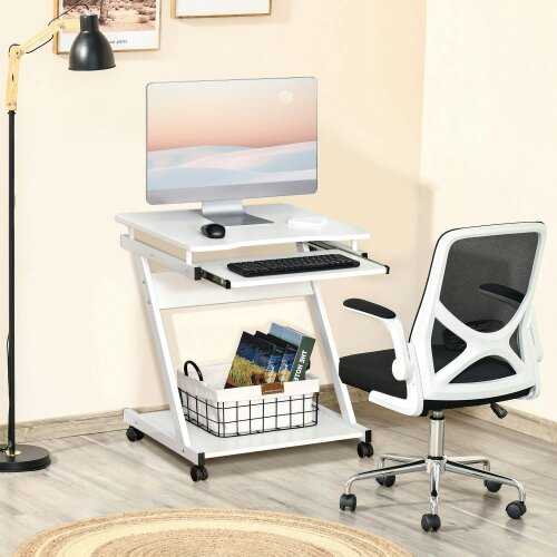 Wyld Haus Suel 60cm Wooden White Mobile Z Shaped Desk With Castor Wheels And Sliding Keyboard Tray
