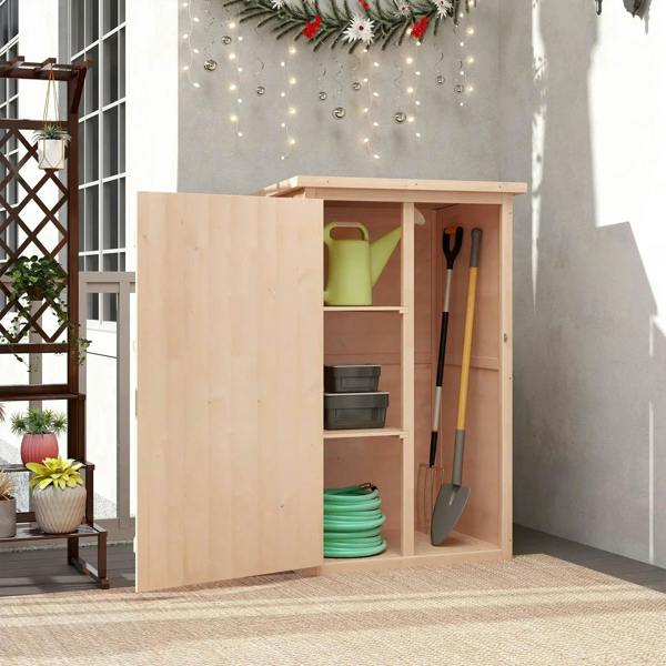 Natural wood garden tool shed with open door revealing shelving and stored yard tools
