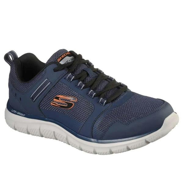 Skechers Track Knockhill Mens Sports Gym Walking Lace Up Trainers, blue athletic shoes with black laces and white sole designed for sports and gym activities.