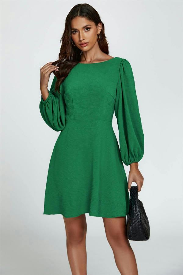 FS Collection Back V Neck Mini Dress In Green