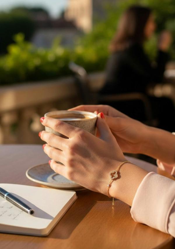 Person holding a cup of coffee wearing a gold clover bracelet