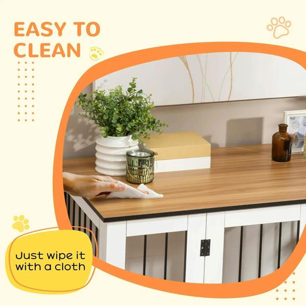 White dog crate end table with brown top and front bars, wiped clean for easy maintenance