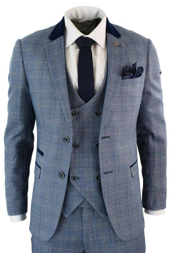 Marc Darcy Mens 3 Piece Blue Grey Herringbone Check Suit