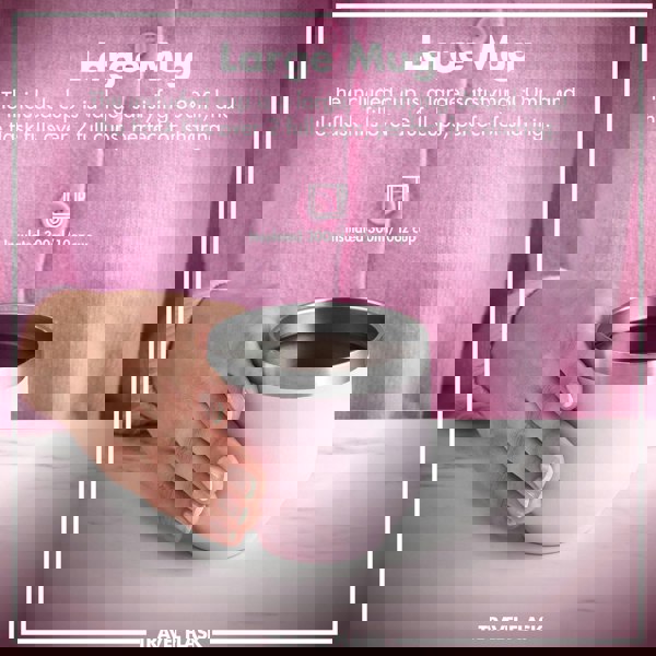 A pink insulated mug held by a hand contains a dark liquid on a marble surface. Text reads Large Mug The included cup is a large satisfying 300ml and the flask fills over 2 full cups perfect for sharing Insulated 300ml/10oz cup TRAVEL FLASK