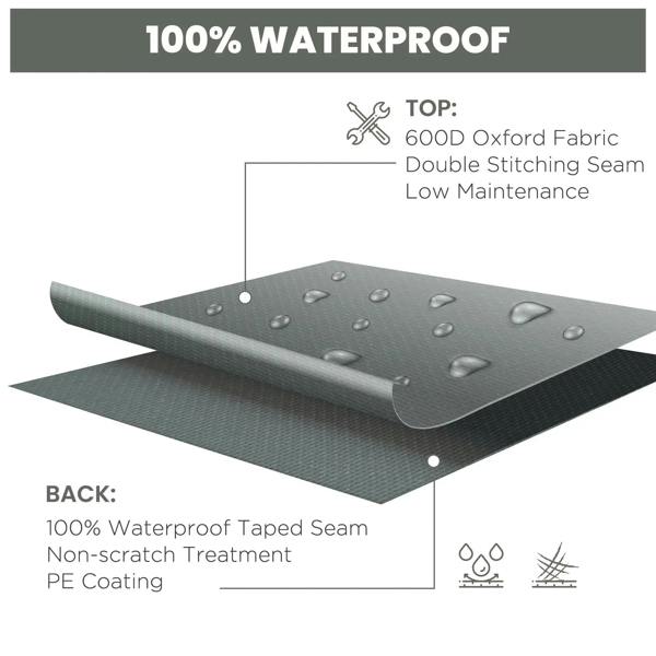 Dark gray waterproof sofa cover fabric with water droplets on a taped seam area.