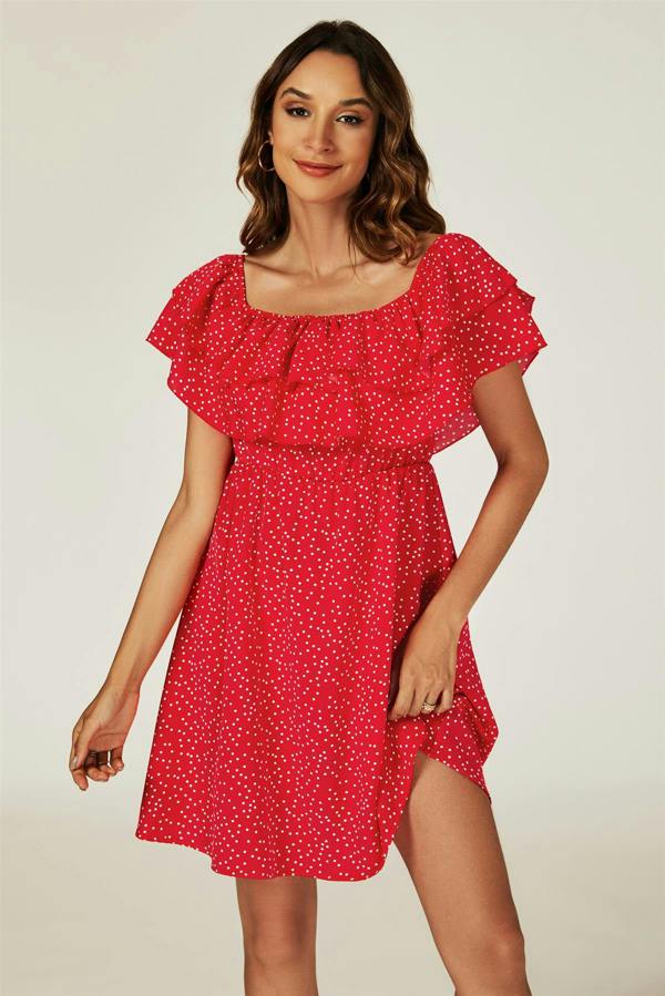 FS Collection Polka Dot Bardot Frill Mini Dress In Red