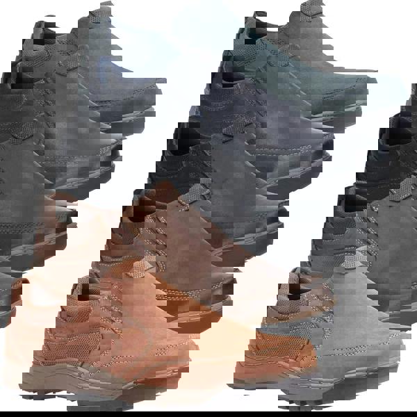 Hush Puppies Jasper Mens Casual Slip On Smart Leather Shoes, collection of four men's casual slip-on shoes in grey, navy, black, and brown leather with cushioned soles and slip-on design.