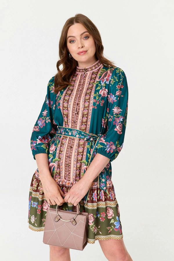 Green | Floral Border Print Short Shirt Dress