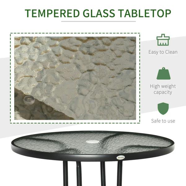 Tempered glass tabletop with textured pattern on a round black bistro table