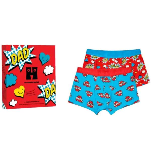 Happy Socks 2-Pack Super Dad Boxer Trunks Gift Box, Blue/Red