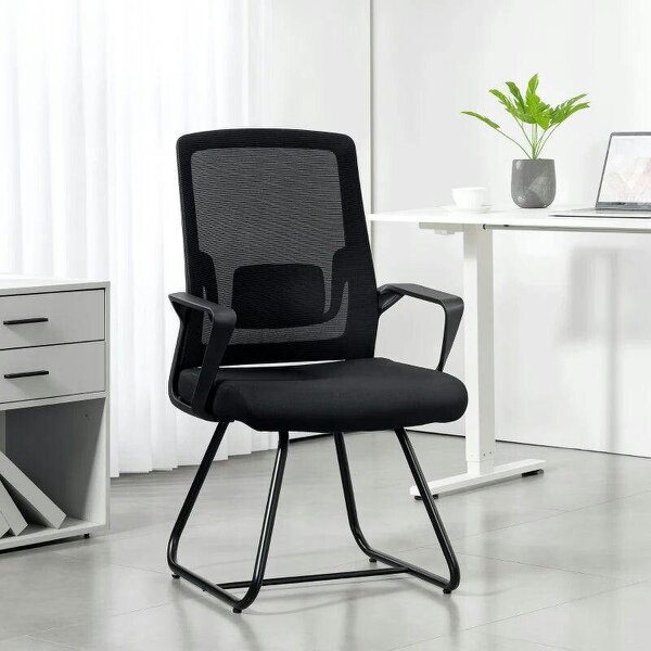 Desk Chair No Wheels, Office Chair with Mesh Back, Lumbar Support, Metal Base for Waiting Room, Conference Room, Black
