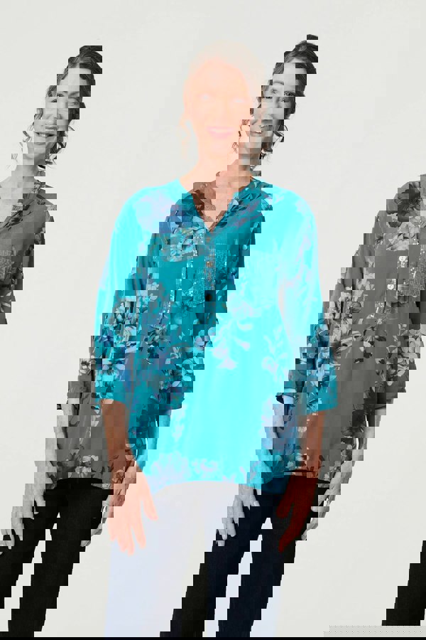 Blue | Floral Sequin Detail 3/4 Sleeve Blouse
