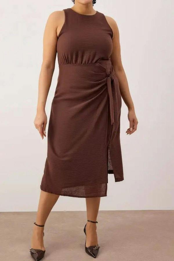 WOVCOR Flannel Midi Dress with Slit and Tie Detail