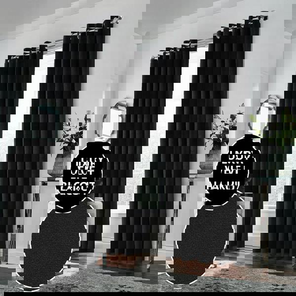 Enhanced Living Black 100% Blackout Luxury Supersoft Velvet Thermal Eyelet Curtains for Living Room & Bedrooms