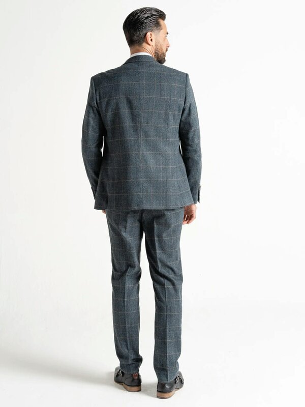 V2 Classic Kensignton Three Piece Suit - Blue Tweed With Orange Checks
