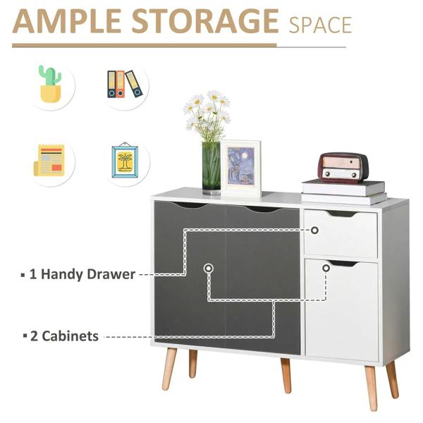 Sideboard cabinet with two cabinet compartments and two drawers, grey and white