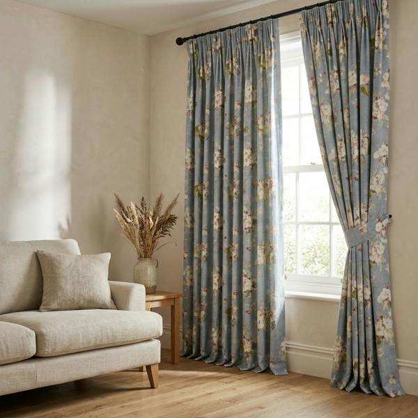 Oxford made-to-measure curtains in Sky, styled in a living room