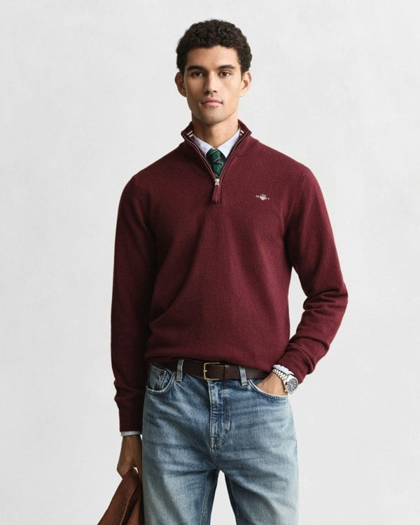GANT Mens Superfine Lambswool Half Zip Cardigan - 677 Bordeaux Melange - CHO - Designer Mens Quarter Zip Jumpers