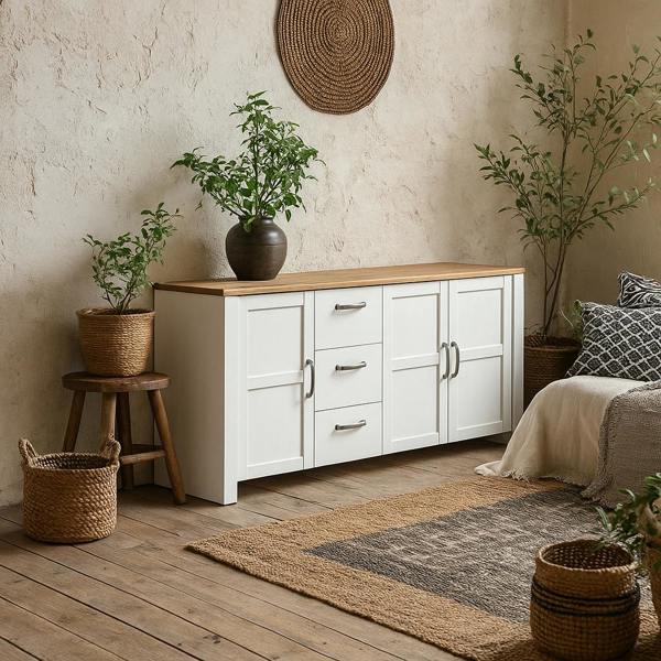 Wyld Haus Bramblecroft White and Natural Oak Wood Large Sideboard 3 Door 3 Drawer