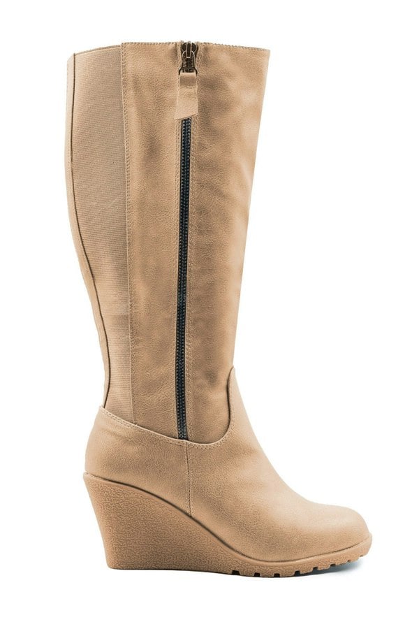 Where's That From Lara Wedge Heel Mid Calf High Boots With Side Zip in Khaki Faux Leather