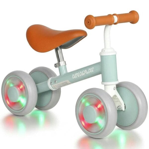 Baby Balance Bike for 1-2 Years Old, Light-up Toddler Balance Bike with Adjustable Seat, 4 Silent EVA Wheels, Green