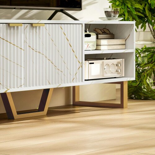 Wyld Haus Veriri 140cm White Marble and Gold Effect TV Unit With Fluted Doors For Screens Up To 70 Inches