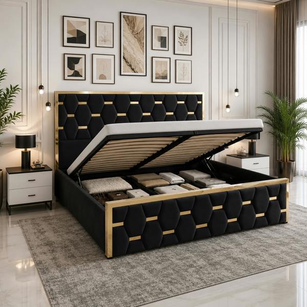 Paradise Beds Luxury Gold Trim Upholstered Bed Frame with Designer Tufted Headboard & Ottoman