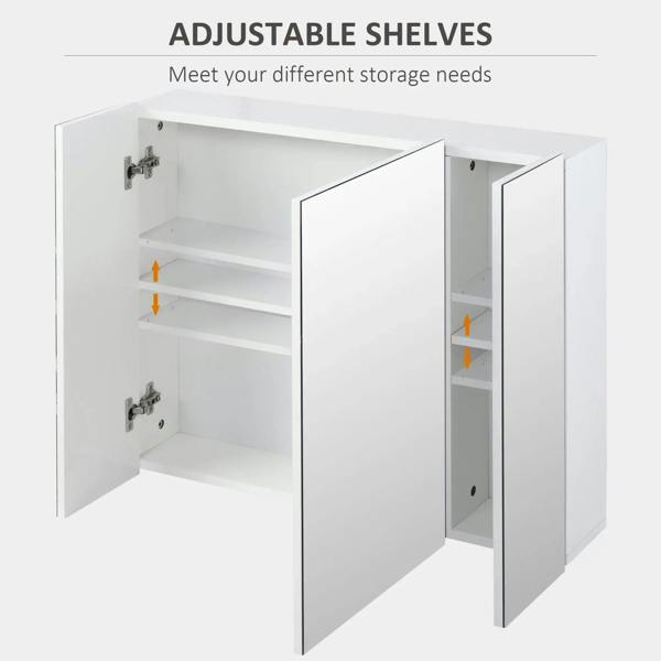 White mirror cabinet with adjustable interior shelves behind two hinged doors
