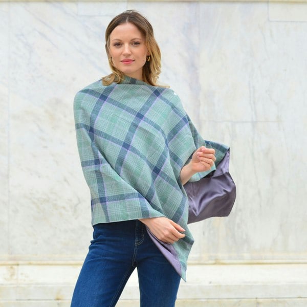 Earth Squared Tweed Wrap – Wool Blend Cape with Satin Lining & Button Fastening