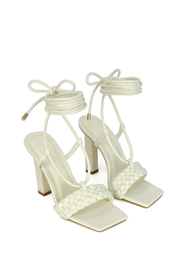 XY LONDON Woven Strap Lace Up Strappy Block Square Toe Heels