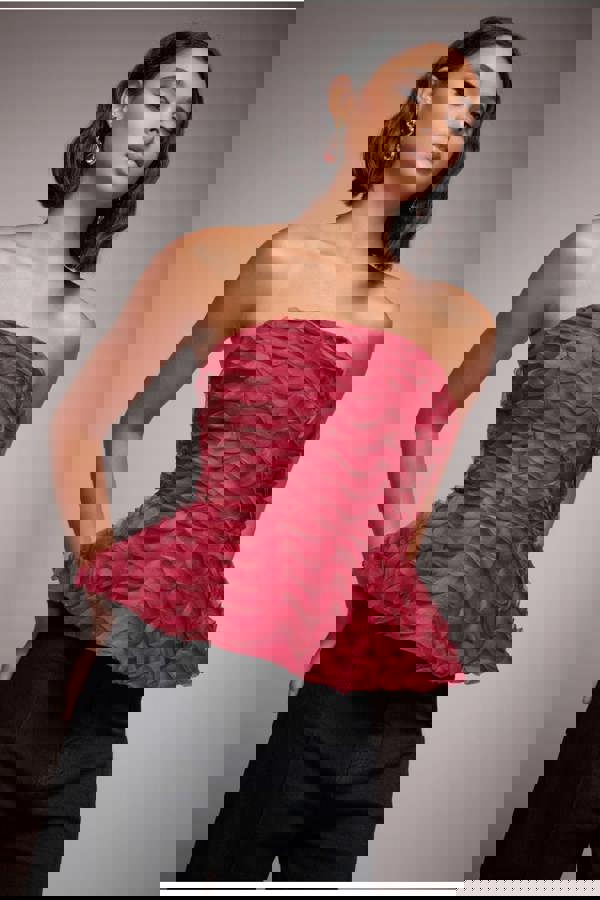 Peplum 3D Textured Boob Tube Lace Up Corset - Burgundy T262