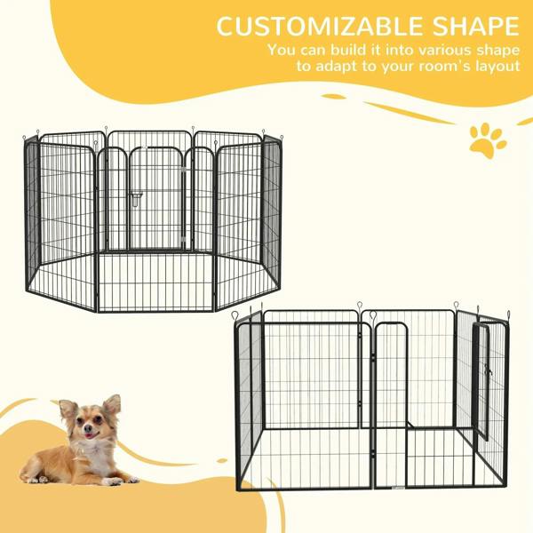 Black metal puppy playpen with alternate multi-panel corner layout and door.