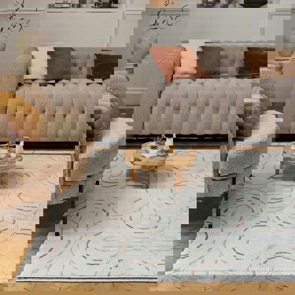 Living Room rug, terra-cream colours, geometric, practicality in mind, the rug is anti-allergic.