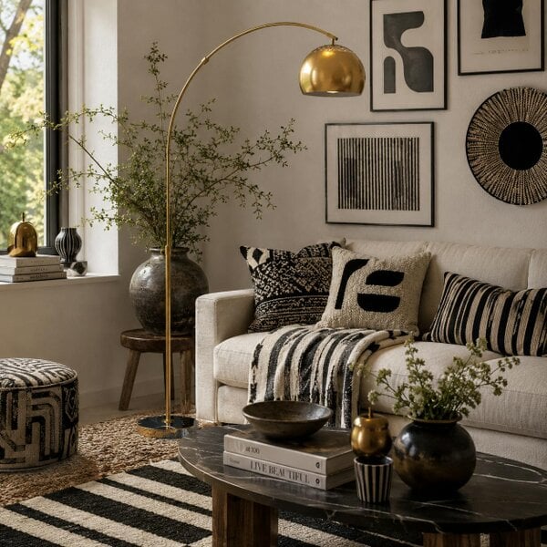 Wyld Haus Ketota Gold Metal And Black Marble Arc Bell Floor Lamp With Adjustable Shade