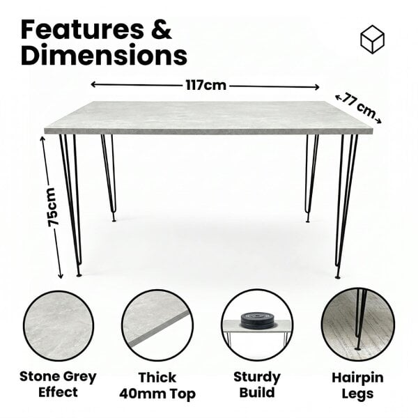 Kosy Koala Modern Grey Rectangular Dining Table with Hairpin Legs  Compact Kitchen & Dining Room Table (L117)
