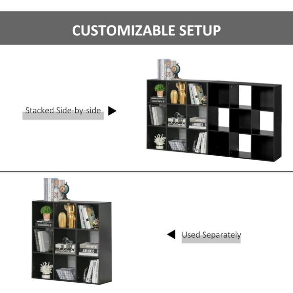 Black 9-cube storage unit with open compartments arranged in a 3x3 grid