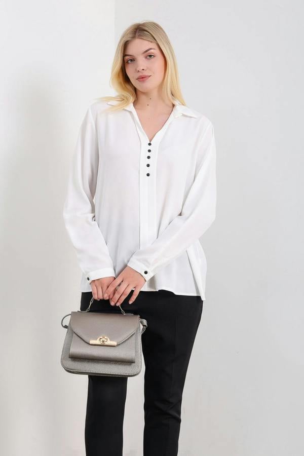 Hoxton Gal Oversized Long Sleeves Blouse Shirt with Button Details in White