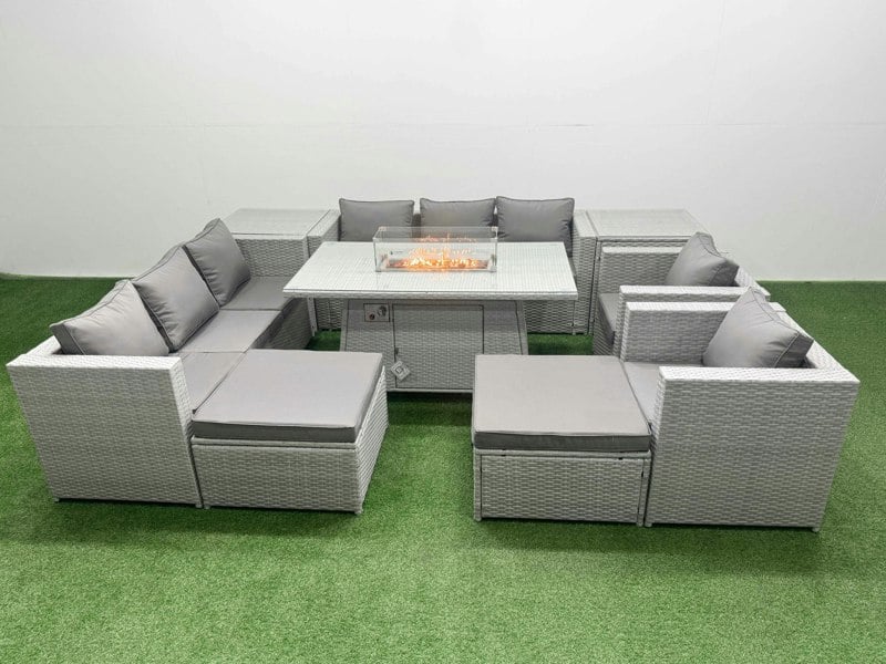 Fimous 10 Seater Rattan Outdoor Garden Furniture Set with Fire Pit Dining Table, 2 Sofas, 2 Side Tables, 2 Chairs & 2 Footstools - Light Grey