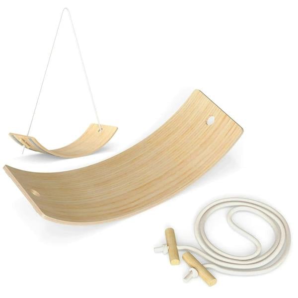 Kids wooden balance board with rope and felt pads, natural wood finish