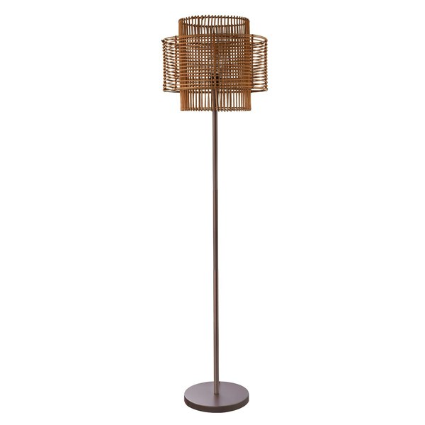 Unique Vintage Metallic Brown Floor Lamp with Natural Rattan Double Round Shades Image 2